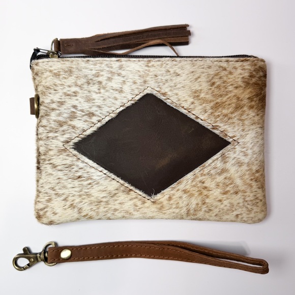 Handbags - Hair-on Hide Wristlet Clutch with Brown Leather Diamond